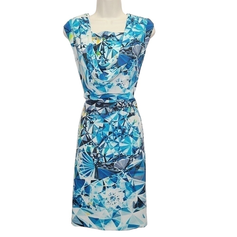 Magaschoni New York Blue Geometric Diamond Print 100% Silk Cowl Neck Dress 2 - Picture 1 of 9